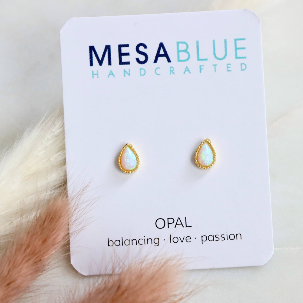 Gold and White Opal Teardrop Earrings